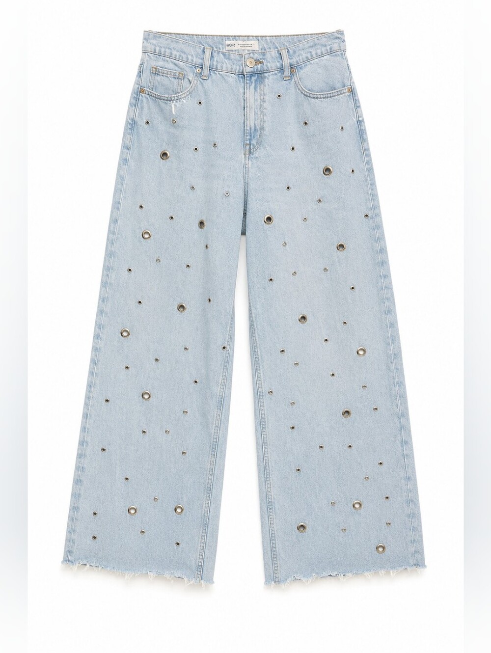 ZARA TRF Grommet Wide Leg Jeans, Light Creamy Denim Wash, Raw Hem, 12